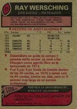 1977 Topps Mexican #57 - Ray Wersching - San Diego Chargers - Back