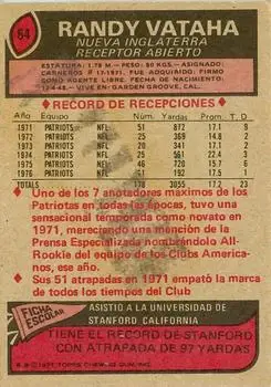 1977 Topps Mexican #64 - Randy Vataha - New England Patriots - Back