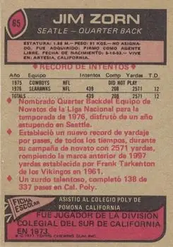 1977 Topps Mexican #65 - Jim Zorn - Seattle Seahawks - Back 1977 Topps Mexican #65 - Jim Zorn - Seattle Seahawks - Back