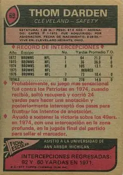 1977 Topps Mexican #69 - Thom Darden - Cleveland Browns - Back 1977 Topps Mexican #69 - Thom Darden - Cleveland Browns - Back
