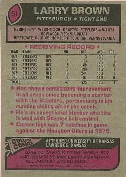 1977 Topps #51 - Larry Brown - Pittsburgh Steelers - Back