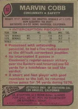 1977 Topps #52 - Marvin Cobb - Cincinnati Bengals 1977 Topps #52 - Marvin Cobb - Cincinnati Bengals