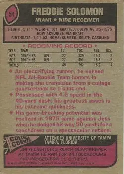 1977 Topps #54 - Freddie Solomon - Miami Dolphins - Back 1977 Topps #54 - Freddie Solomon - Miami Dolphins - Back