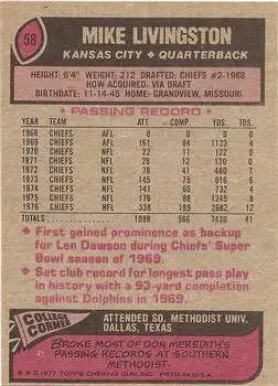 1977 Topps #58 - Mike Livingston - Kansas City Chiefs - Back