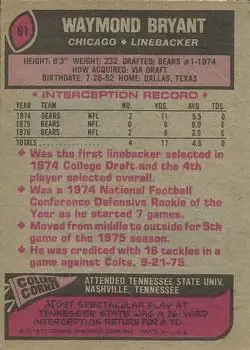 1977 Topps #61 - Waymond Bryant - Chicago Bears - Back