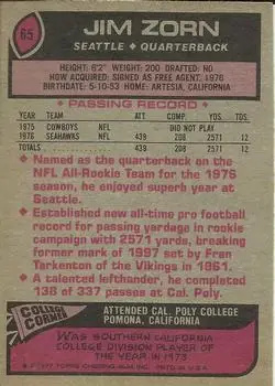 1977 Topps #65 - Jim Zorn - Seattle Seahawks - Back