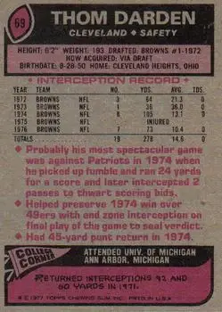 1977 Topps #69 - Thom Darden - Cleveland Browns 1977 Topps #69 - Thom Darden - Cleveland Browns