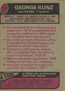 1977 Topps #70 - George Kunz - Baltimore Colts - Back
