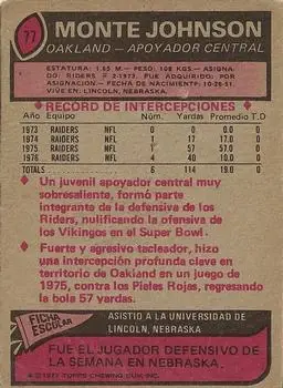 1977 Topps Mexican #77 - Monte Johnson - Oakland Raiders
