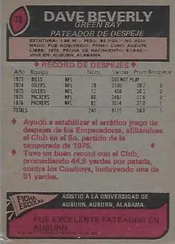 1977 Topps Mexican #78 - Dave Beverly - Green Bay Packers
