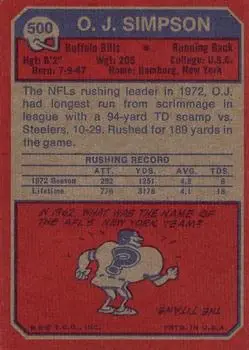1973 Topps #500 - O.J. Simpson - Buffalo Bills