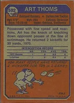 1973 Topps #502 - Art Thoms - Oakland Raiders - Back