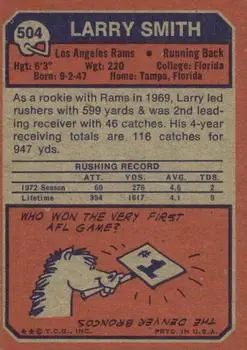 1973 Topps #504 - Larry Smith - Los Angeles Rams - Back
