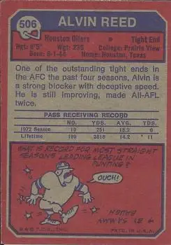 1973 Topps #506 - Alvin Reed - Houston Oilers - Back
