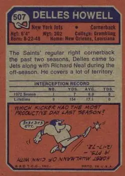 1973 Topps #507 - Delles Howell - New York Jets - Back