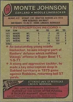 1977 Topps #77 - Monte Johnson - Oakland Raiders 1977 Topps #77 - Monte Johnson - Oakland Raiders