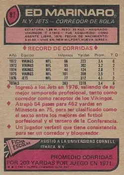 1977 Topps Mexican #87 - Ed Marinaro - New York Jets - Back