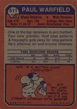 1973 Topps #511 - Paul Warfield - Miami Dolphins