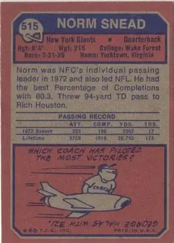 1973 Topps #515 - Norm Snead - New York Giants - Back 1973 Topps #515 - Norm Snead - New York Giants - Back