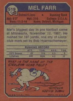 1973 Topps #519 - Mel Farr - Detroit Lions - Back
