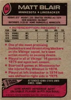 1977 Topps #84 - Matt Blair - Minnesota Vikings - Back