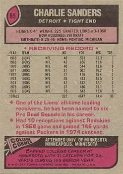 1977 Topps #85 - Charlie Sanders - Detroit Lions - Back