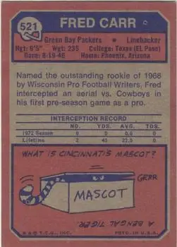 1973 Topps #521 - Fred Carr - Green Bay Packers - Back