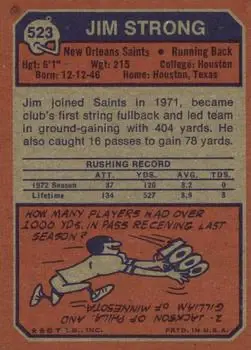 1973 Topps #523 - Jim Strong - New Orleans Saints - Back