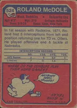 1973 Topps #524 - Roland McDole - Washington Redskins - Back