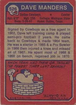 1973 Topps #526 - Dave Manders - Dallas Cowboys - Back