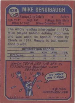 1973 Topps #528 - Mike Sensibaugh - Kansas City Chiefs - Back