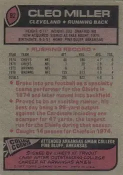1977 Topps #92 - Cleo Miller - Cleveland Browns - Back
