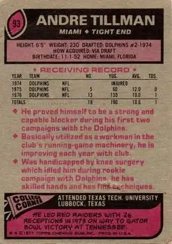 1977 Topps #93 - Andre Tillman - Miami Dolphins