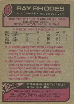 1977 Topps #98 - Ray Rhodes - New York Giants - Back
