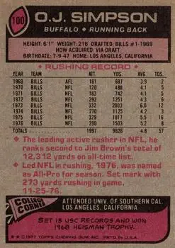 1977 Topps #100 - O.J. Simpson - Buffalo Bills
