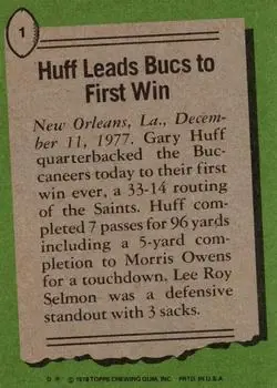 1978 Topps #1 - Gary Huff - Tampa Bay Buccaneers
