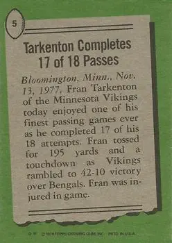 1978 Topps #5 - Fran Tarkenton - Minnesota Vikings