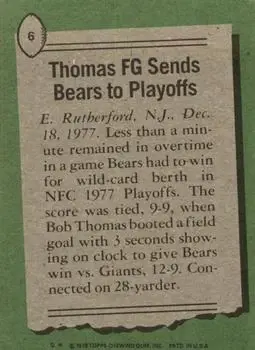 1978 Topps #6 - Bob Thomas - Chicago Bears