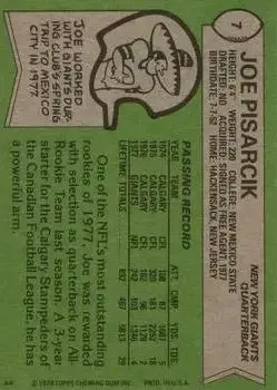 1978 Topps #7 - Joe Pisarcik - New York Giants - Back