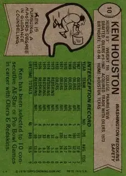 1978 Topps #10 - Ken Houston - Washington Redskins - Back