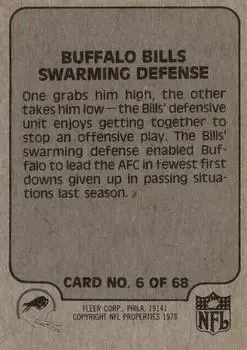 1978 Fleer Team Action #6 - Card #6 - Buffalo Bills