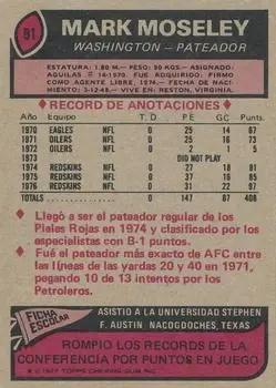 1977 Topps Mexican #91 - Mark Moseley - Washington Redskins 1977 Topps Mexican #91 - Mark Moseley - Washington Redskins