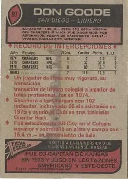 1977 Topps Mexican #97 - Don Goode - San Diego Chargers - Back