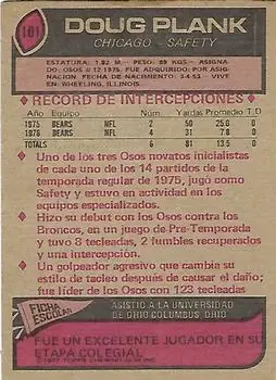 1977 Topps Mexican #101 - Doug Plank - Chicago Bears