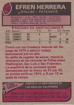 1977 Topps Mexican #102 - Efren Herrera - Dallas Cowboys - Back