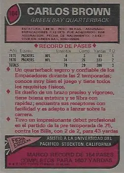 1977 Topps Mexican #104 - Carlos Brown - Green Bay Packers - Back