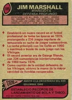 1977 Topps Mexican #105 - Jim Marshall - Minnesota Vikings - Back