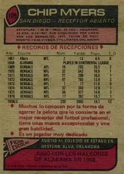 1977 Topps Mexican #109 - Chip Myers - San Diego Chargers - Back