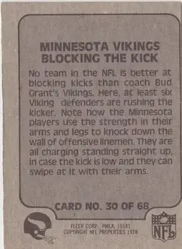 1978 Fleer Team Action #30 - Card #30 - Minnesota Vikings - Back