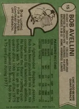1978 Topps #15 - Bob Avellini - Chicago Bears 1978 Topps #15 - Bob Avellini - Chicago Bears